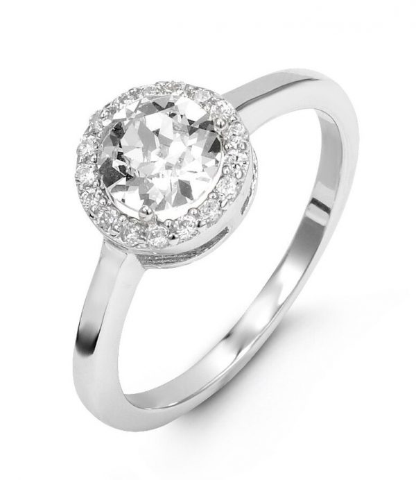 Simulated Birthstone & Cubic Zirconia Halo Ladies Ring Sterling Silver/APR