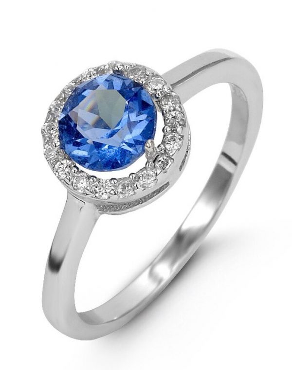 Simulated Birthstone & Cubic Zirconia Halo Ladies Ring Sterling Silver/SEP
