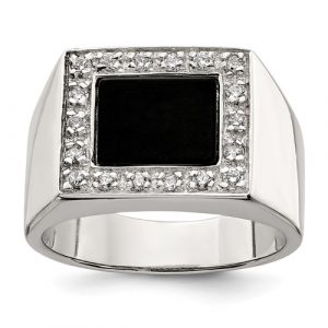 Cubic Zirconia & Onyx Gents Ring Sterling Silver/Size 10