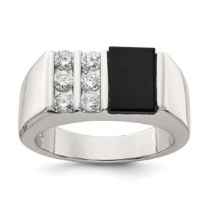 Cubic Zirconia and Black Onyx Channel Set Gents Ring Sterling Silver/Size 10