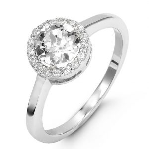 Simulated Birthstone & Cubic Zirconia Halo Ladies Ring Sterling Silver/APR