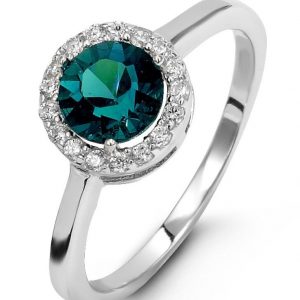 Simulated Birthstone & Cubic Zirconia Halo Ladies Ring Sterling Silver/MAY