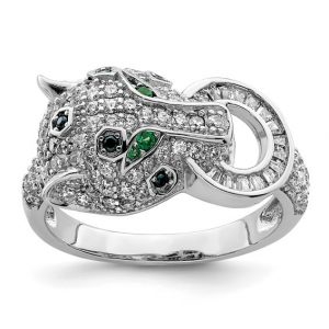 Panther Head with Cubic Zirconia & Sim. Green Eyes Ladies Ring Sterling Silver/SIZE 7