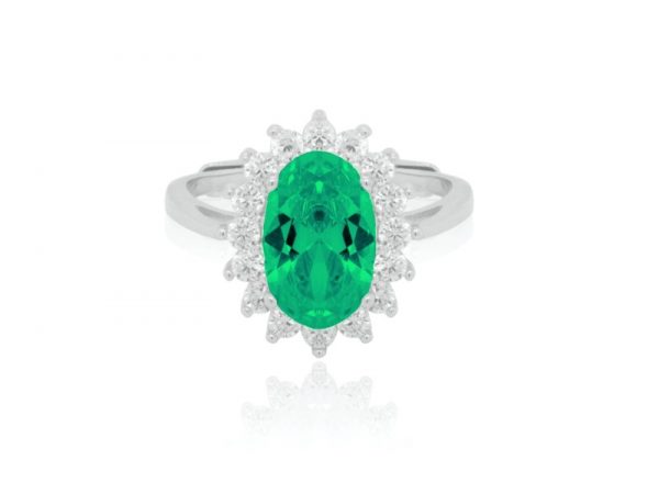 Sim. Emerald & Cubic Zirconia Cluster Ring Sterling Silver/Adjustable