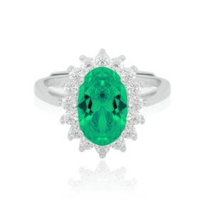 Sim. Emerald & Cubic Zirconia Cluster Ring Sterling Silver/Adjustable