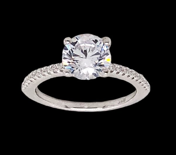 7MM Cubic Zirconia Pave Accented Ladies Ring Sterling Silver/SIZE 7