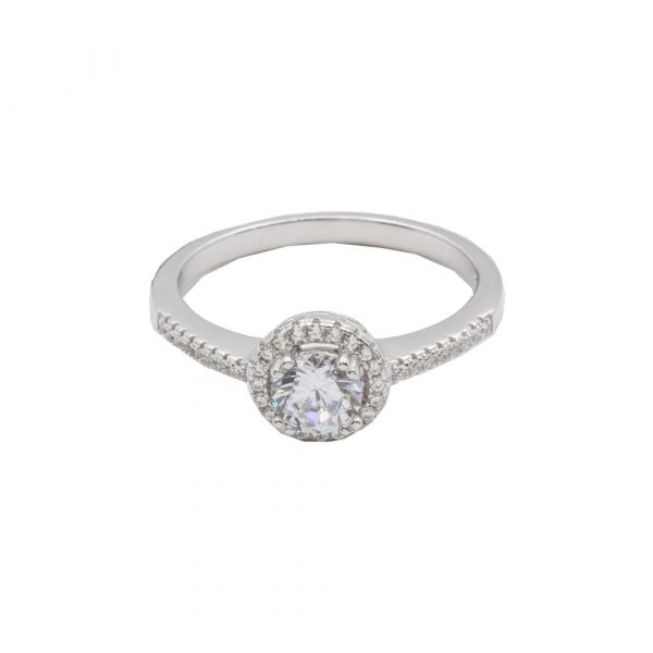 4MM Cubic Zirconia Halo Accented Ladies Ring Sterling Silver/SIZE 7