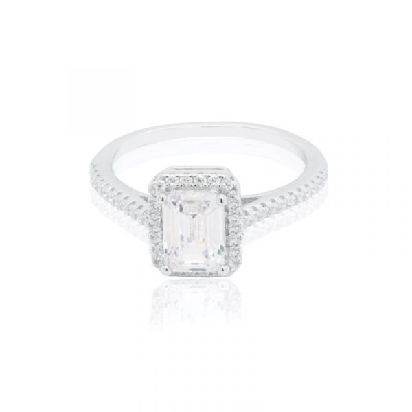7x5MM Emerald Cut Cubic Zirconia Halo Accented Ladies Ring Sterling Silver/SIZE 7