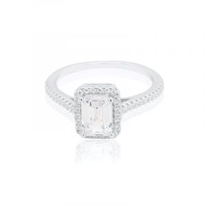 7x5MM Emerald Cut Cubic Zirconia Halo Accented Ladies Ring Sterling Silver/SIZE 7