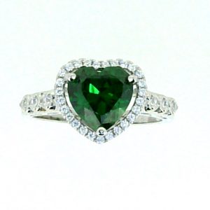 Sim. Green Stone Heart Shape & Cubic Zirconia Halo Ladies Ring Sterling Silver
