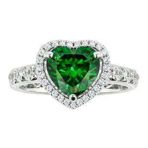 Sim. Green Stone Heart Shape & Cubic Zirconia Halo Ladies Ring Sterling Silver