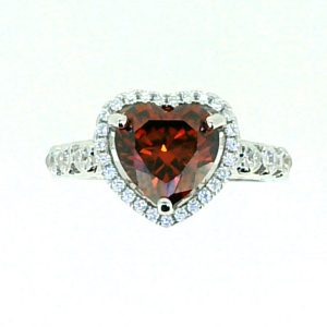 Sim. Red Stone Heart Shape & Cubic Zirconia Halo Ladies Ring Sterling Silver