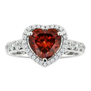 Sim. Red Stone Heart Shape & Cubic Zirconia Halo Ladies Ring Sterling Silver