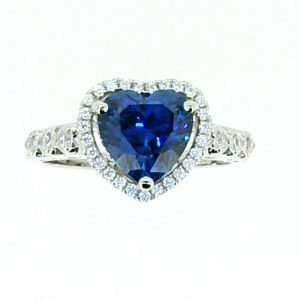 Sim. Blue Stone Heart Shape & Cubic Zirconia Halo Ladies Ring Sterling Silver