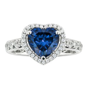 Sim. Blue Stone Heart Shape & Cubic Zirconia Halo Ladies Ring Sterling Silver