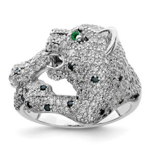 Panther Head with Cubic Zirconia & Sim. Green Eye Ladies Ring Sterling Silver/SIZE 7