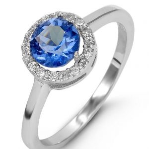 Simulated Birthstone & Cubic Zirconia Halo Ladies Ring Sterling Silver/SEP