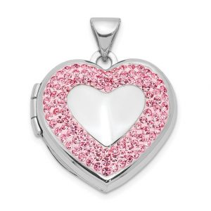 Heart Locket with Pink Crystals & 18" Chain Sterling Silver/20MM