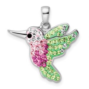 Hummingbird with Pink & Green Crystals & 18" Chain Sterling Silver/22MM