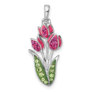 Tulips with Pink & Green Crystals & 18" Chain Sterling Silver/22MM