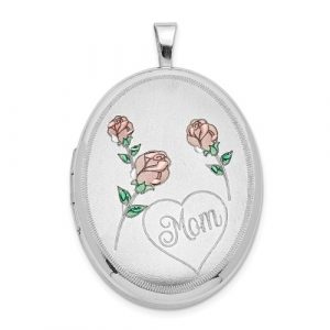 Oval  Mom  Locket W/Flowers Sterling Silver Pendant/25MM