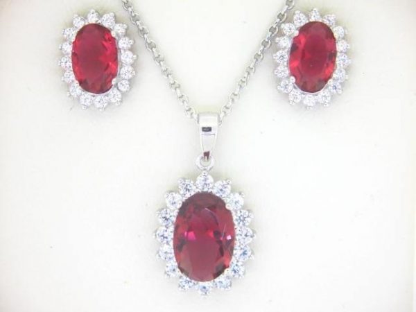Sim. Ruby Oval & Cubic Zirconia Cluster Pendant W/Chain & Earring Set Sterling Silver    *FINAL SALE*
