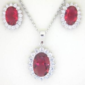 Sim. Ruby Oval & Cubic Zirconia Cluster Pendant W/Chain & Earring Set Sterling Silver    *FINAL SALE*