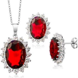 Sim. Ruby Oval & Cubic Zirconia Cluster Pendant W/Chain & Earring Set Sterling Silver    *FINAL SALE*