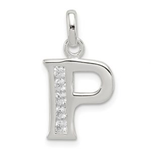 P Initial Block with Cubic Zirconia Sterling Silver Pendant/15MM