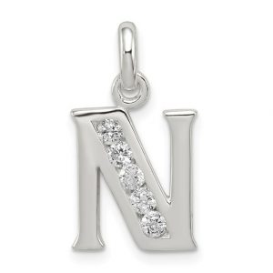 N Initial Block with Cubic Zirconia Sterling Silver Pendant/15MM