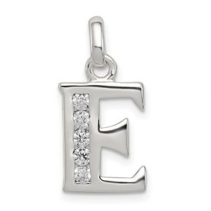 E Initial Block with Cubic Zirconia Sterling Silver Pendant/15MM