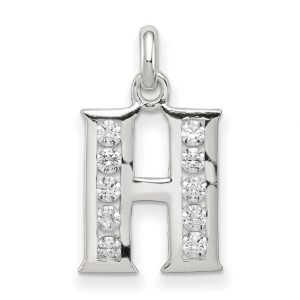 H Initial Block with Cubic Zirconia Sterling Silver Pendant/15MM