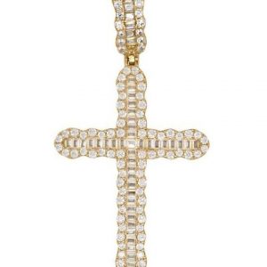 Baguette & Round Cubic Zirconia Fancy Cross Pendant Gold Plated Sterling Silver/45MM