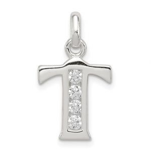 T Initial Block with Cubic Zirconia Sterling Silver Pendant/15MM