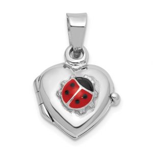 Heart Locket w/ Red Enamel Ladybug Pendant with 18" Chain Sterling Silver/12MM