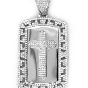 Micro Pave Cubic Zirconia Cross Dog Tag w/ Greek Key Frame Pendant Sterling Silver/45MM