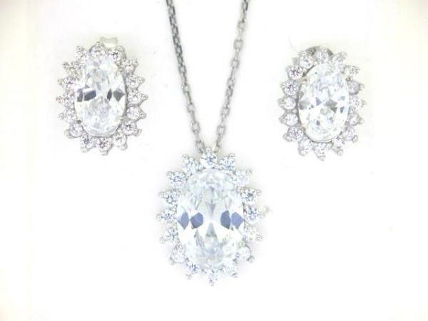 Cubic Zirconia Oval Cluster Pendant W/Chain & Earring Set Sterling Silver   *FINAL SALE*