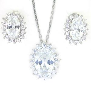 Cubic Zirconia Oval Cluster Pendant W/Chain & Earring Set Sterling Silver   *FINAL SALE*