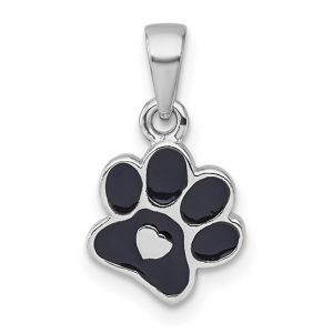 Paw Print with Black Enamel & Heart Pendant Sterling Silver/10MM