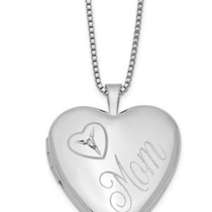 MOM Heart Locket & Diamond Pendant with 18" Chain Sterling Silver