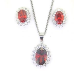 Sim. Garnet Oval & Cubic Zirconia Cluster Pendant with 18" Chain & Earring Set Sterling Silver   *FINAL SALE*
