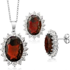 Sim. Garnet Oval & Cubic Zirconia Cluster Pendant with 18" Chain & Earring Set Sterling Silver   *FINAL SALE*
