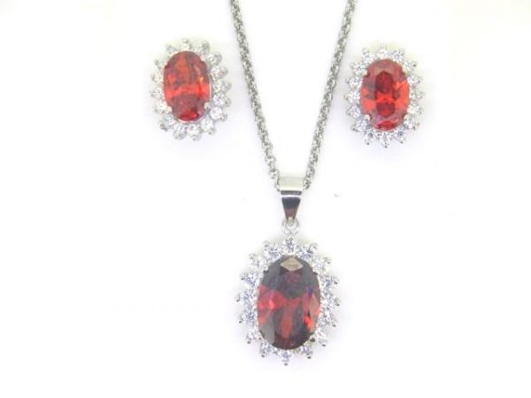 Sim. Garnet Oval & Cubic Zirconia Cluster Pendant with 18" Chain & Earring Set Sterling Silver   *FINAL SALE*