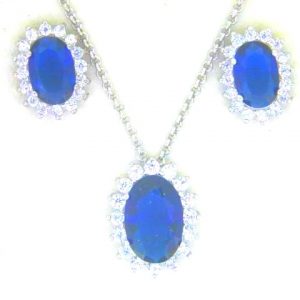 Sim. Sapphire & Cubic Zirconia Halo Pendant W/ Chain & Earring Set Sterling Silver **Final Sale**