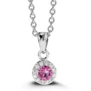 Simulated Birthstone  & Cubic Zirconia Halo Pendant W/18" Chain Sterling Silver/OCT