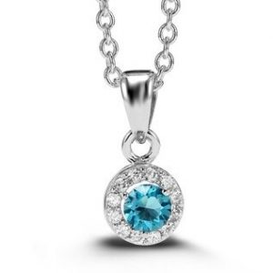Simulated Birthstone & Cubic Zirconia Halo Pendant W/18" Chain Sterling Silver/DEC