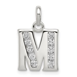 M Initial Block W/Cubic Zirconia Sterling Silver Pendant/15MM