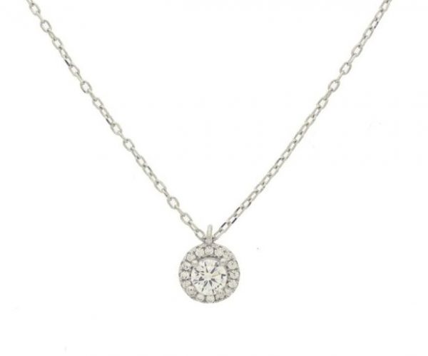 Halo Cubic Zirconia  Pendant w/ 16-18" Adjustable Chain Sterling Silver