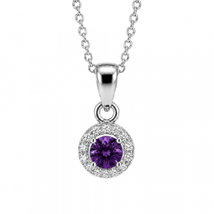 Simulated Birthstone & Cubic Zirconia Halo Pendant W/18" Chain Sterling Silver/FEB