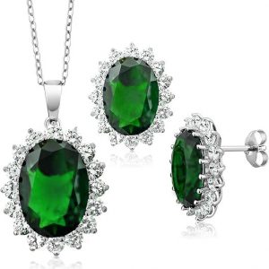 Sim. Emerald & Cubic Zirconia Oval Halo Pendant W/Chain & Earring Set Sterling Silver   *FINAL SALE*